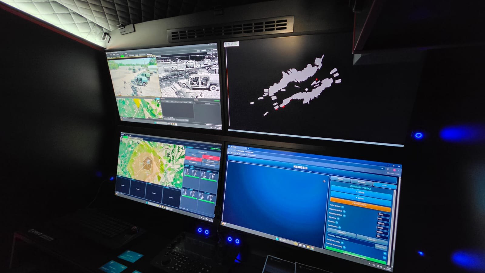 REB Defence operator console: sensor feeds, map and track displays