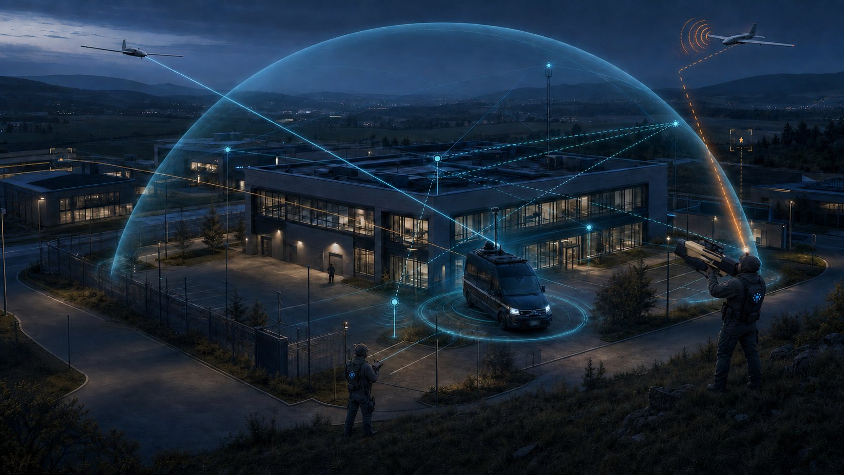 Layered sensor-fusion architecture protecting a high-value site: radar and RF coverage, acoustic nodes, C2 Defender and dismounted ADP operators